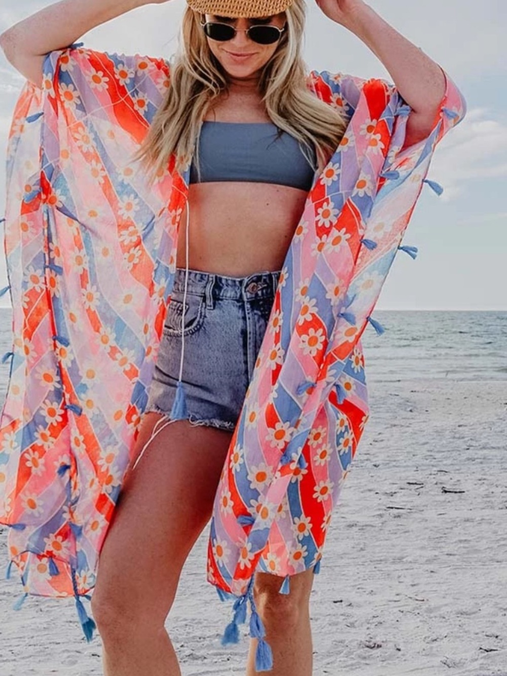 NWT Katydid Daisy Print Swim Cover Up 
Flowy Boho Hippie Hot Pink, Tassels OS